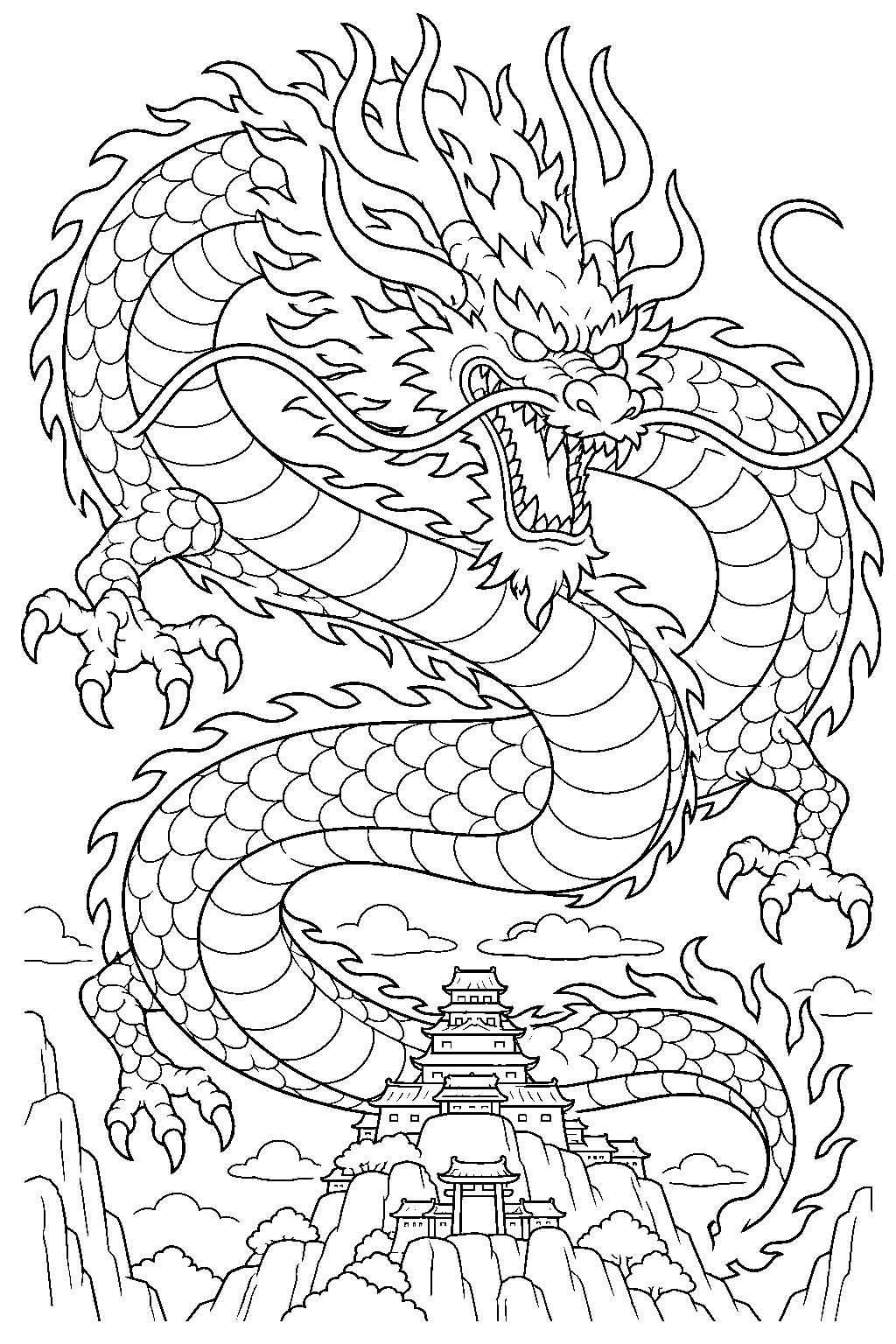 one piece kaido in dragon form coiling above a wano castle line art