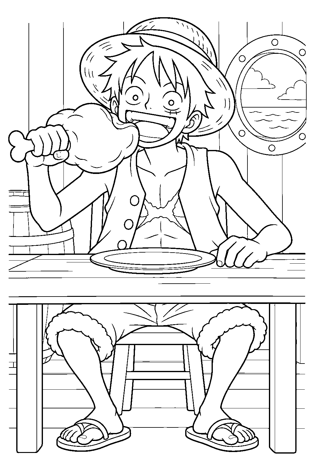 one piece luffy eating a giant meat drumstick at the ship s dining table line art