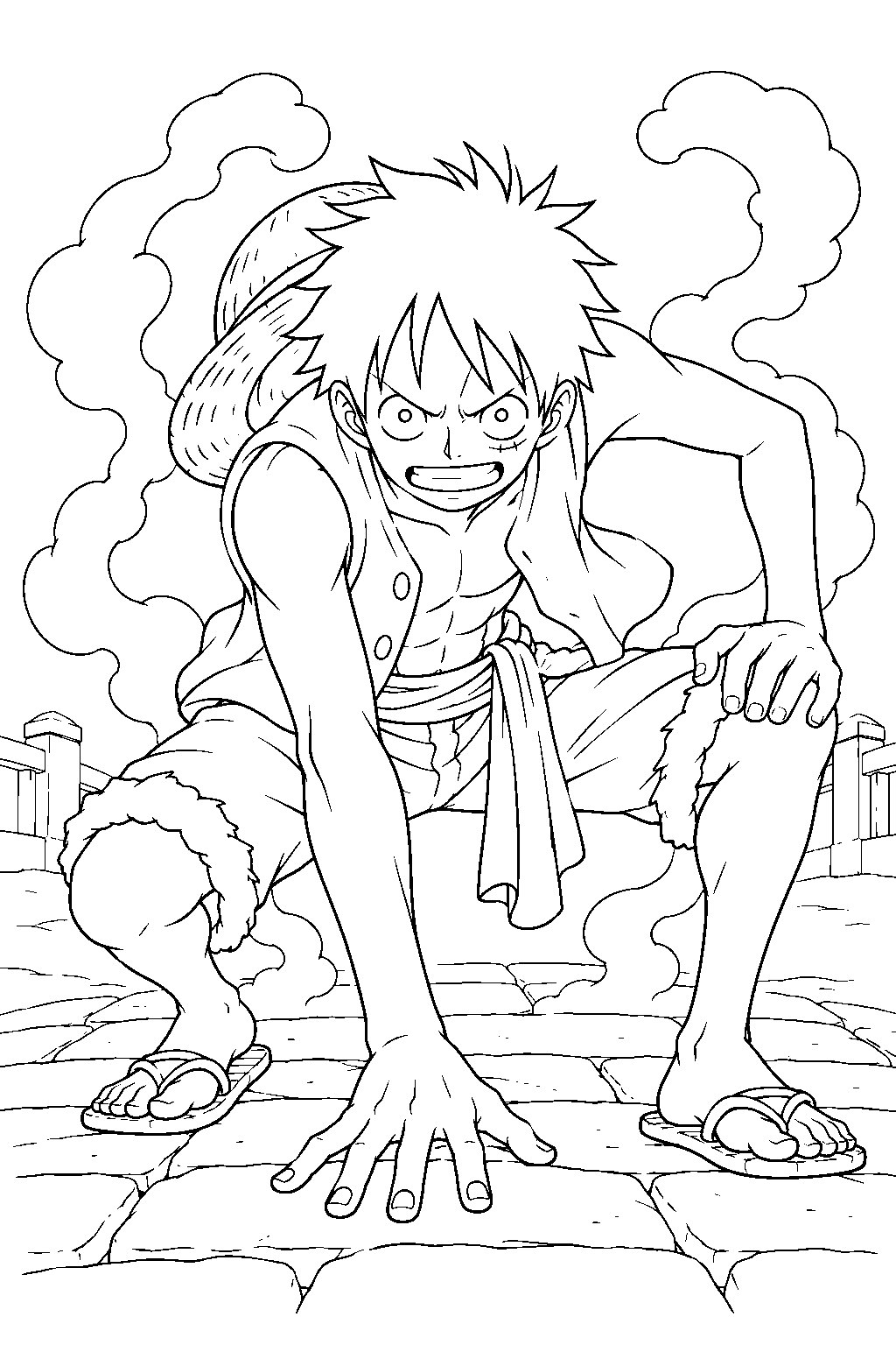 one piece luffy gear 2 crouching on a steam covered stone bridge line art