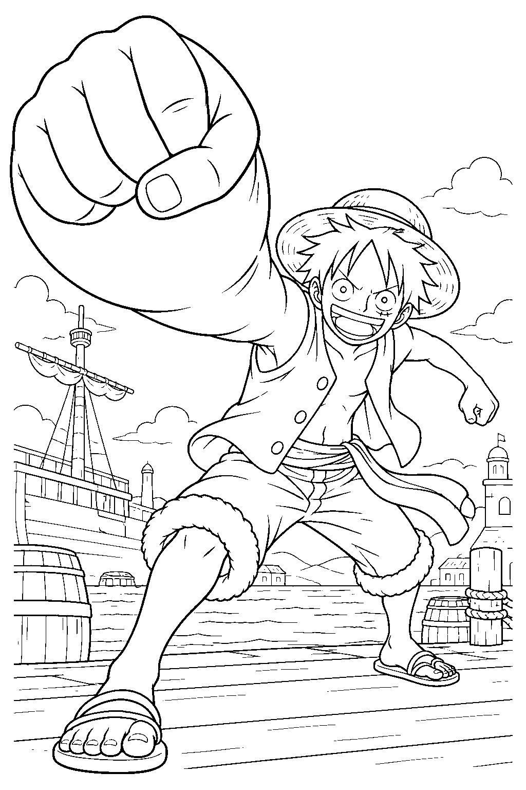 one piece luffy gear 3 swinging a giant fist above a busy harbor line art