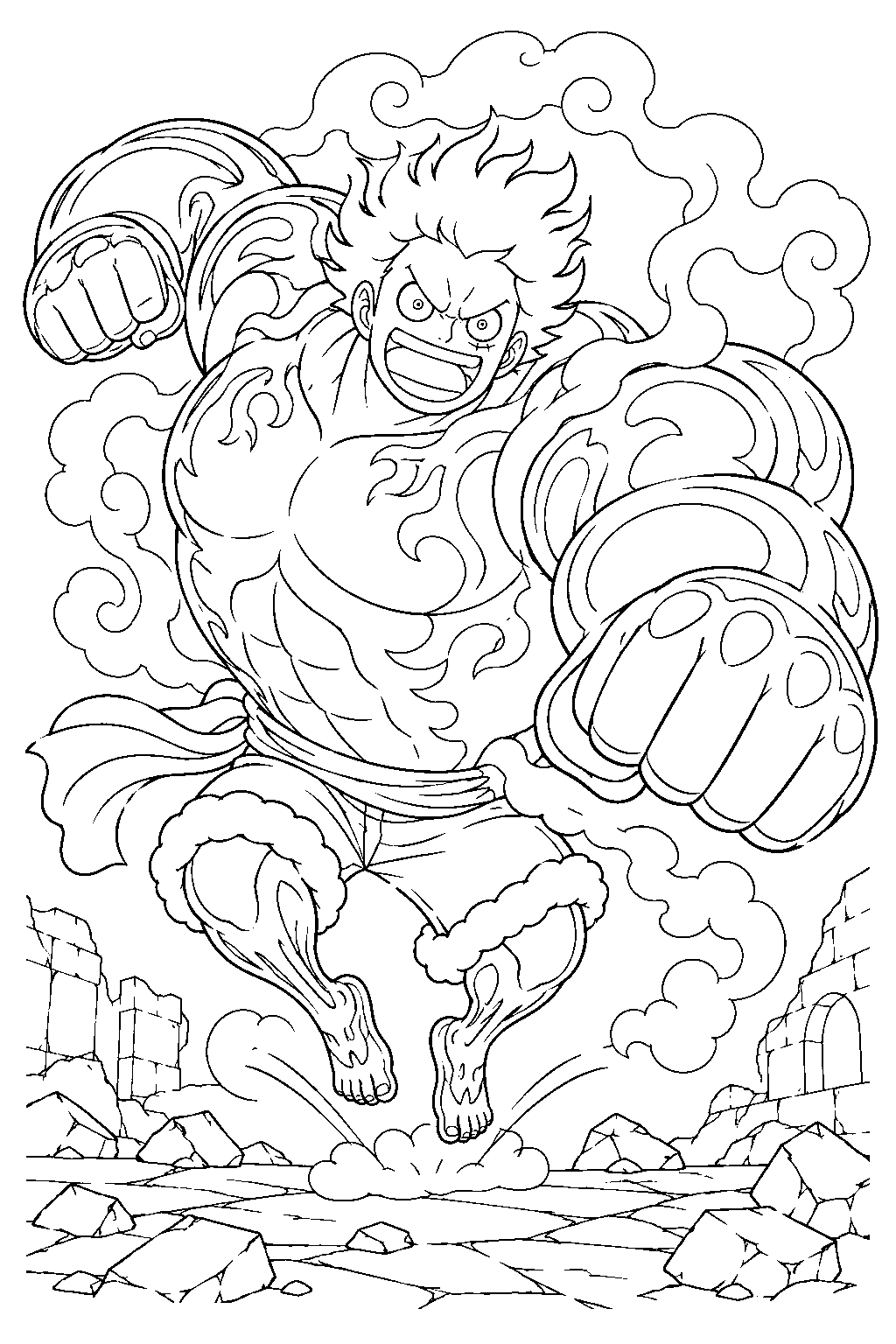 one piece luffy gear 4 boundman bouncing over a broken courtyard line art