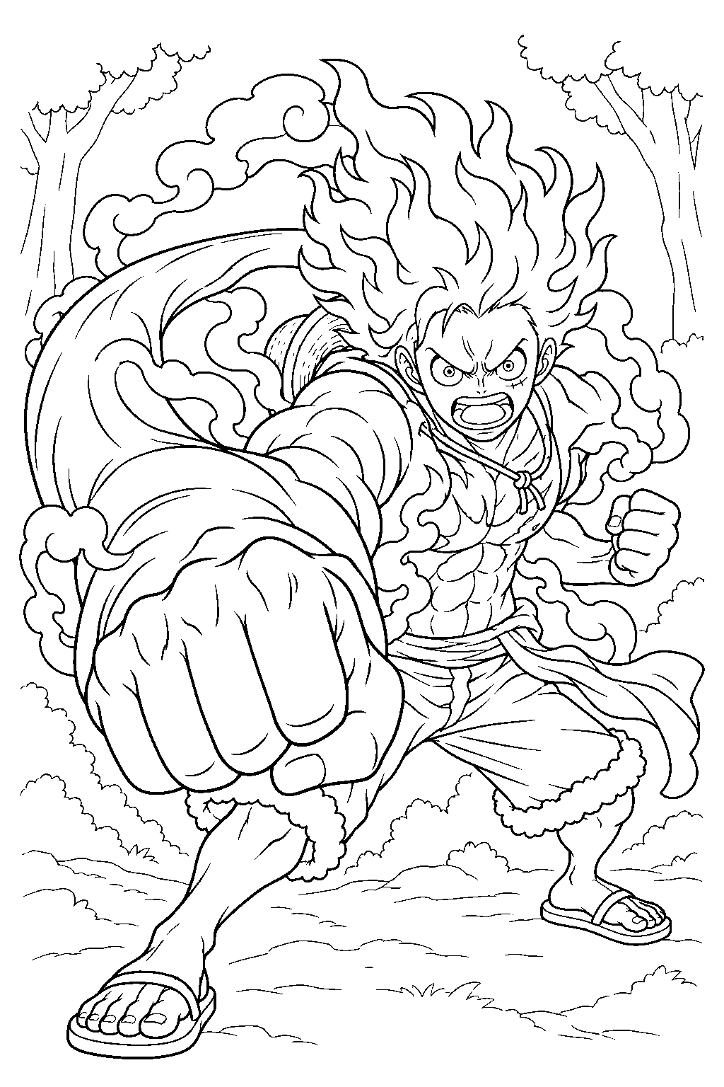 one piece luffy gear 4 snakeman throwing a curving punch in a forest line art