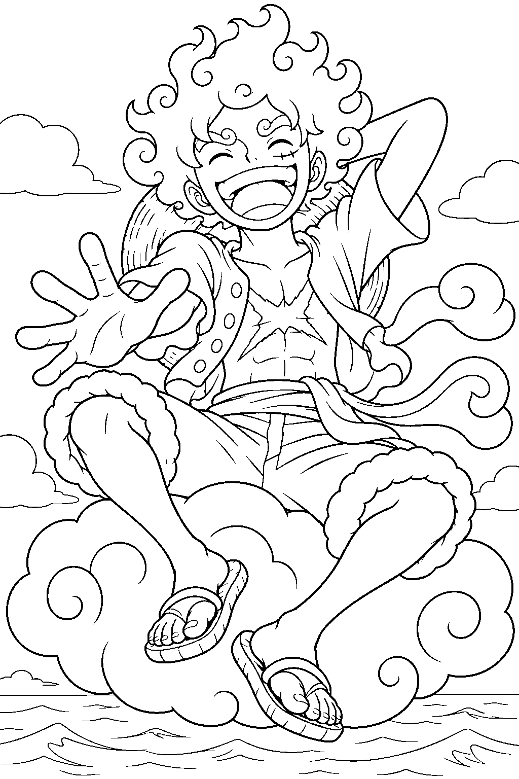 one piece luffy gear 5 laughing on a cloud above the ocean line art