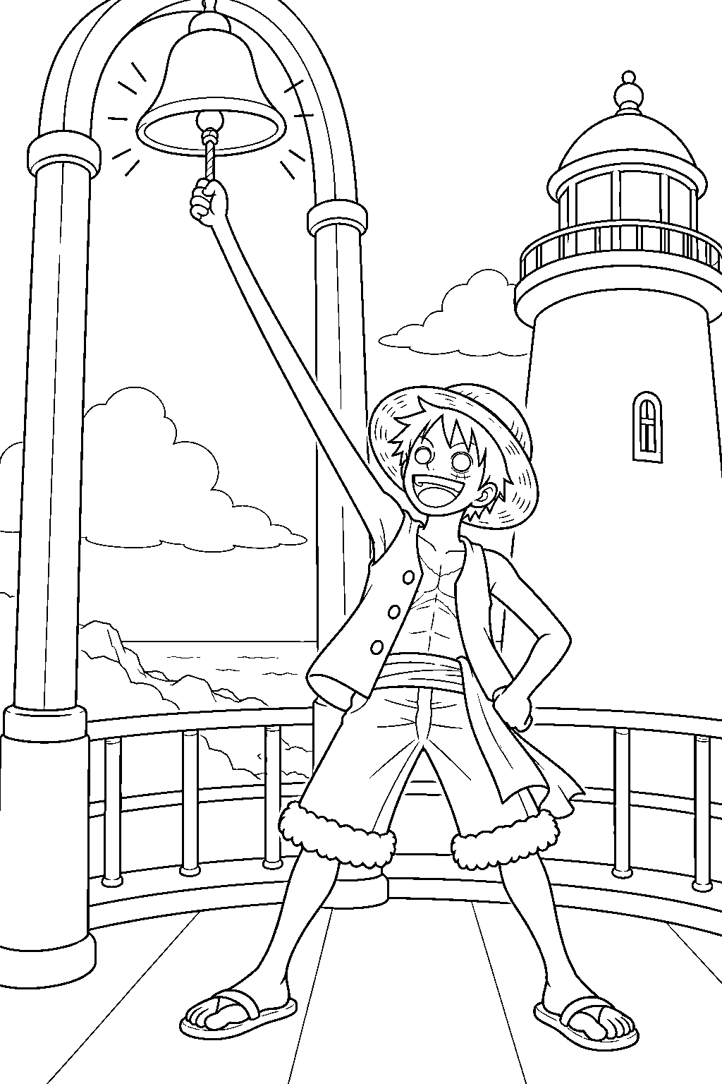 one piece luffy stretching one arm to ring a lighthouse bell line art