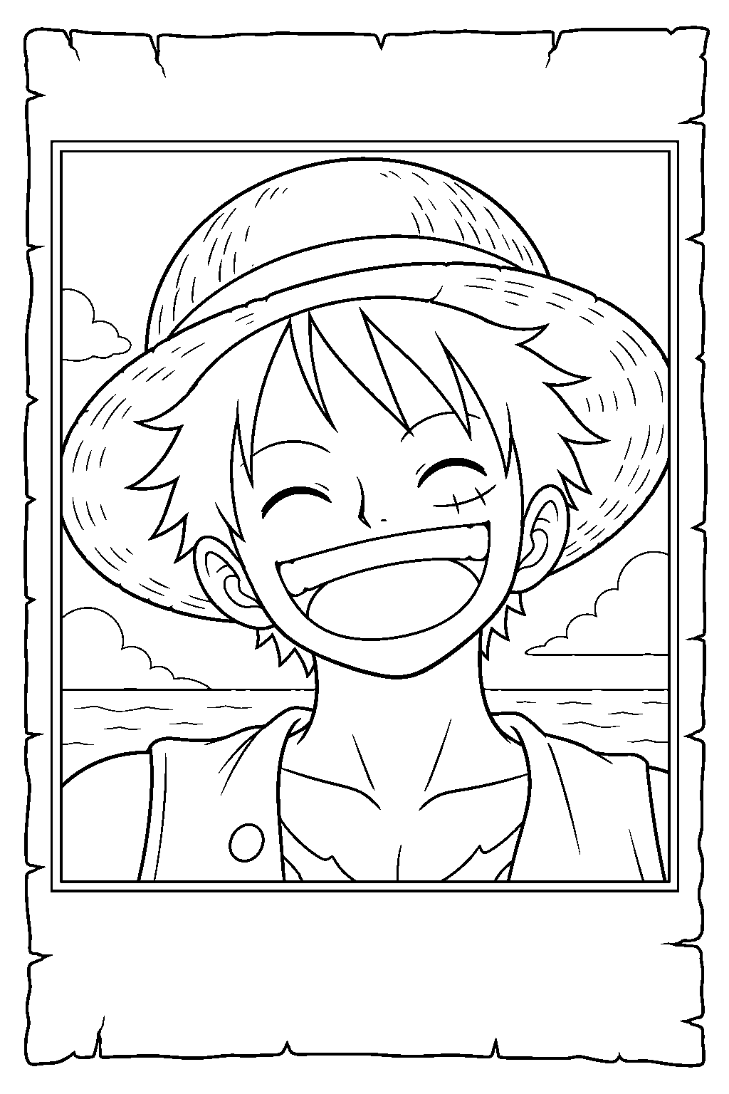 one piece luffy wanted poster with a smiling straw hat portrait line art