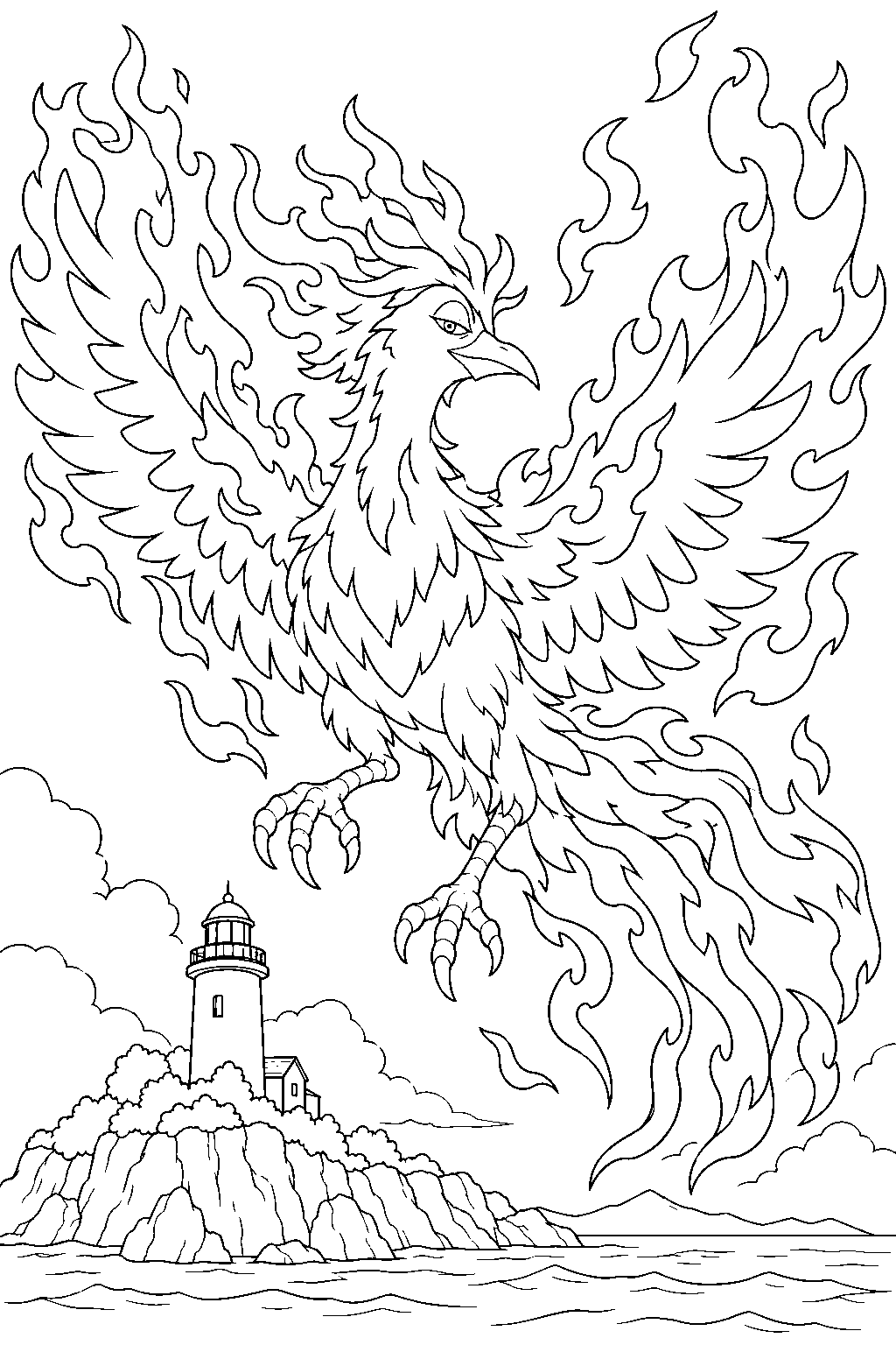 one piece marco transforming into a phoenix above an island lighthouse line art