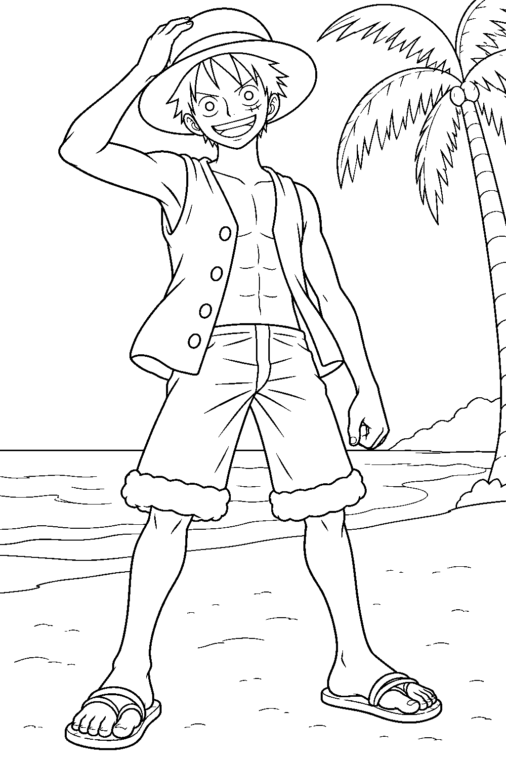 one piece monkey d luffy adjusting his straw hat on a tropical beach line art
