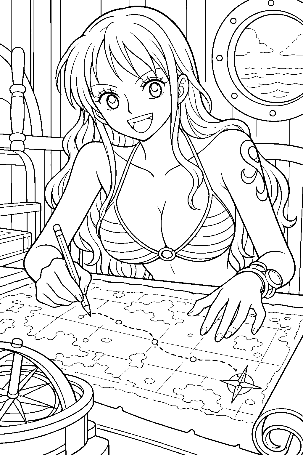 one piece nami drawing a sea route at the ship s navigation desk line art