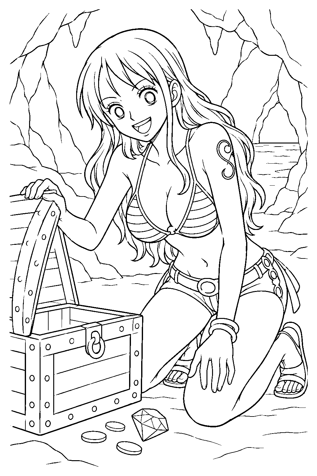 one piece nami opening a treasure chest inside a hidden sea cave line art