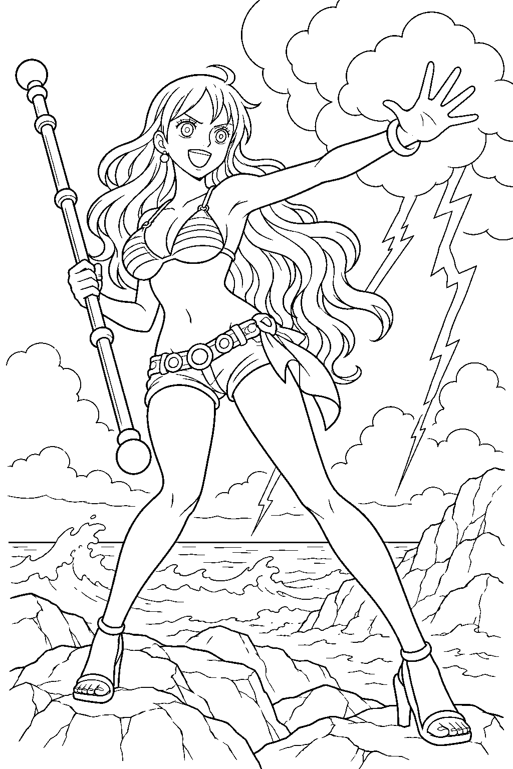 one piece nami summoning a storm with her clima tact on a rocky coast line art