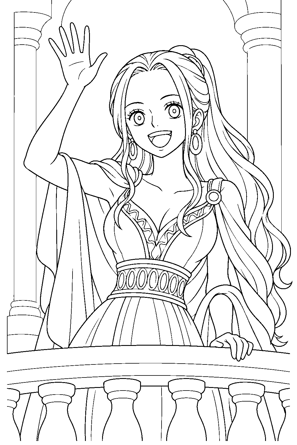 one piece nefertari vivi waving from an alabasta palace balcony line art
