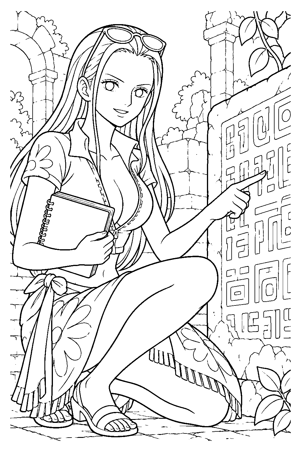 one piece nico robin deciphering a poneglyph in ancient jungle ruins line art