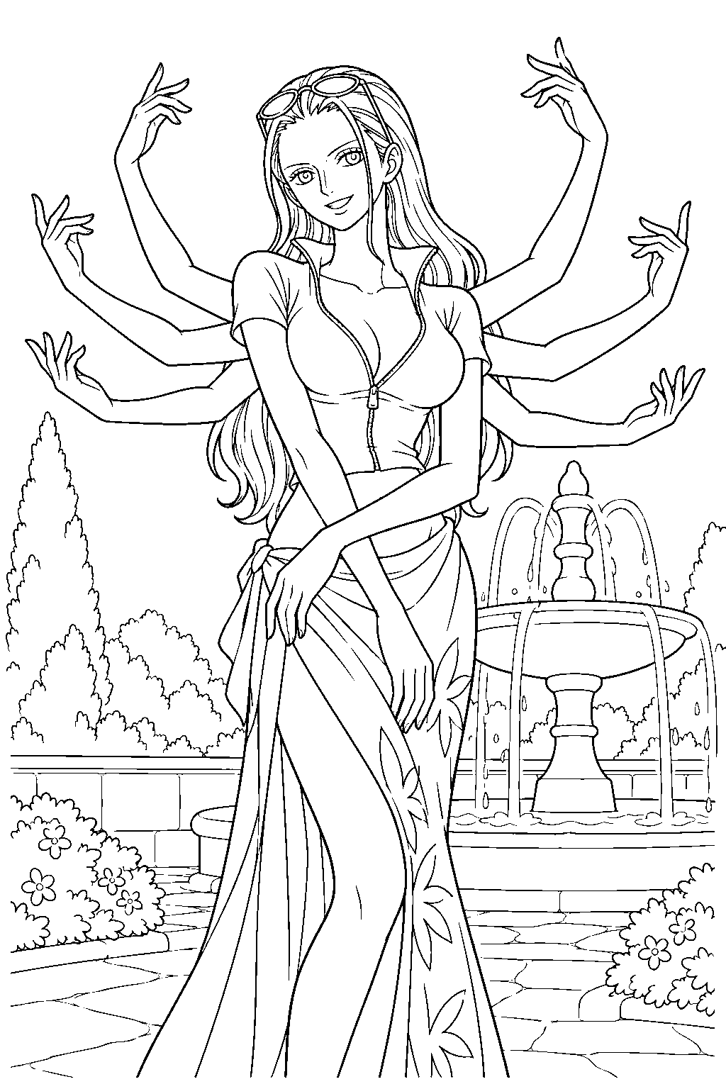 one piece nico robin growing a fan of arms beside a garden fountain line art