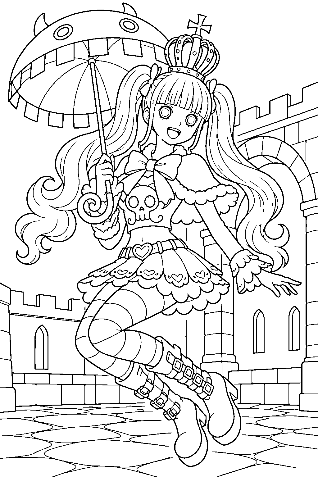 one piece perona floating with her umbrella above a haunted courtyard line art