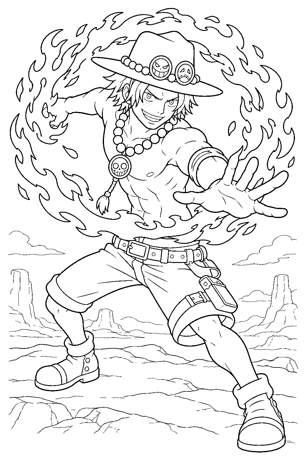 one piece portgas d ace spinning a ring of fire on a desert ridge line art