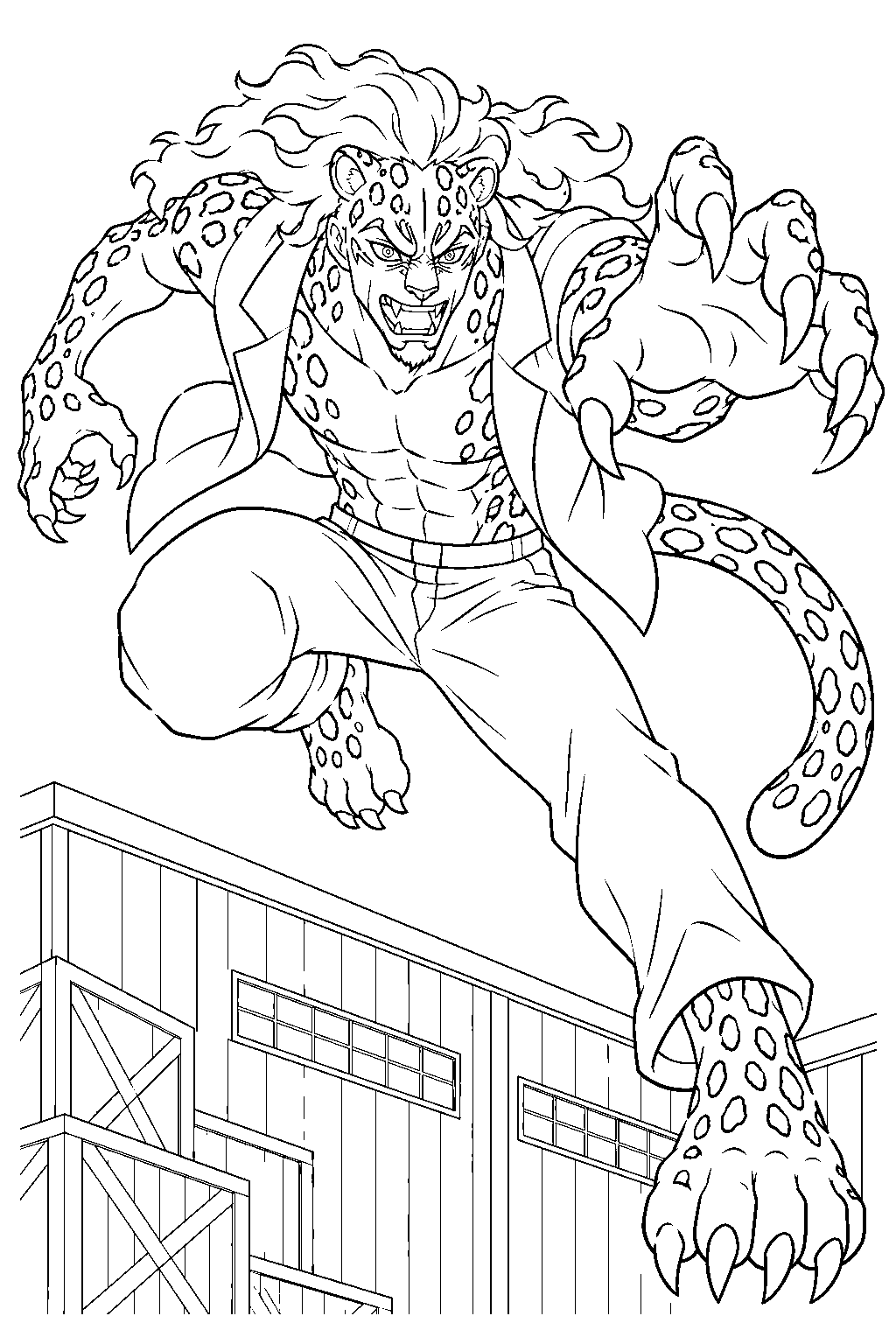one piece rob lucci in leopard hybrid form leaping over a warehouse line art
