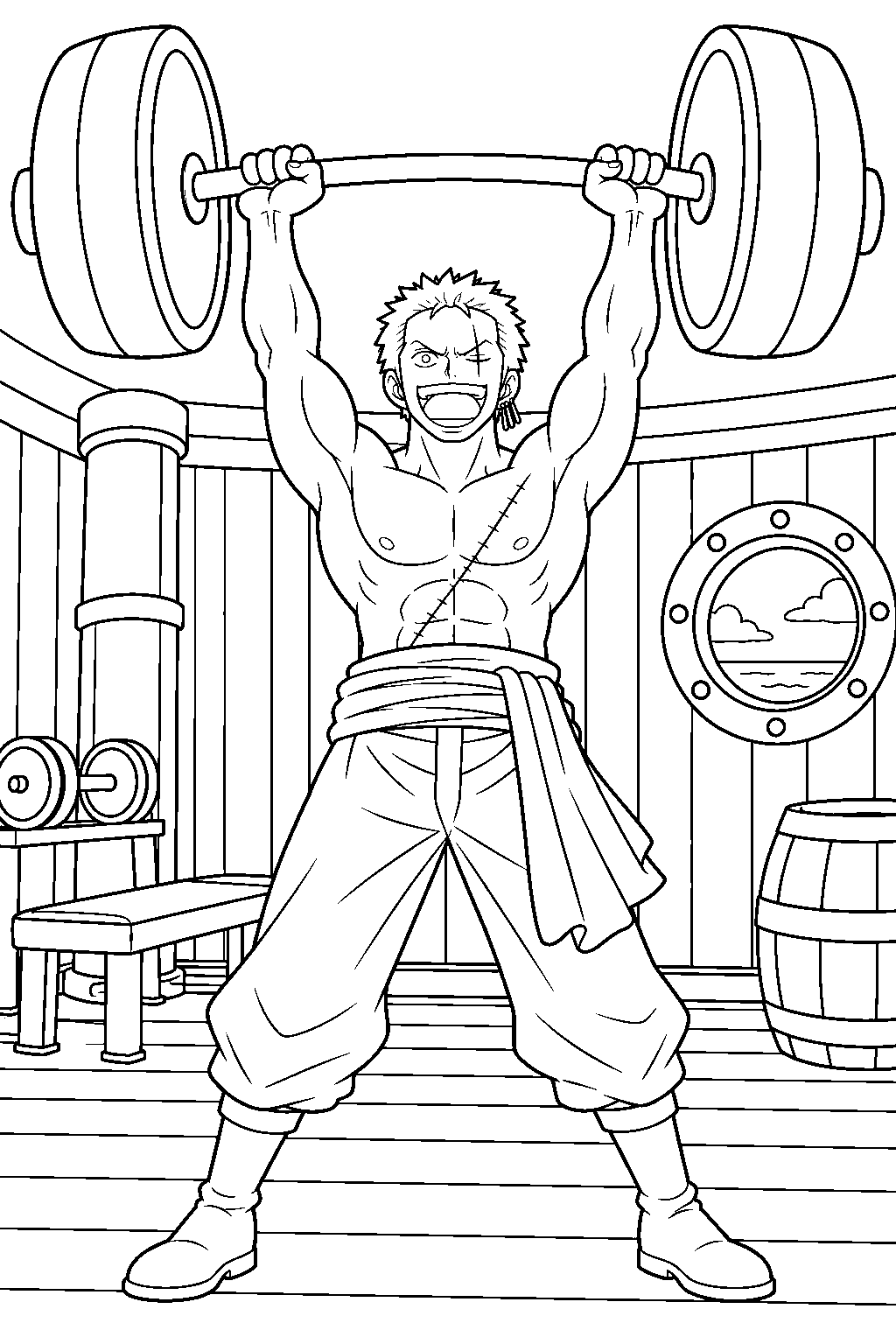 one piece roronoa zoro lifting a giant barbell in the ship s gym line art