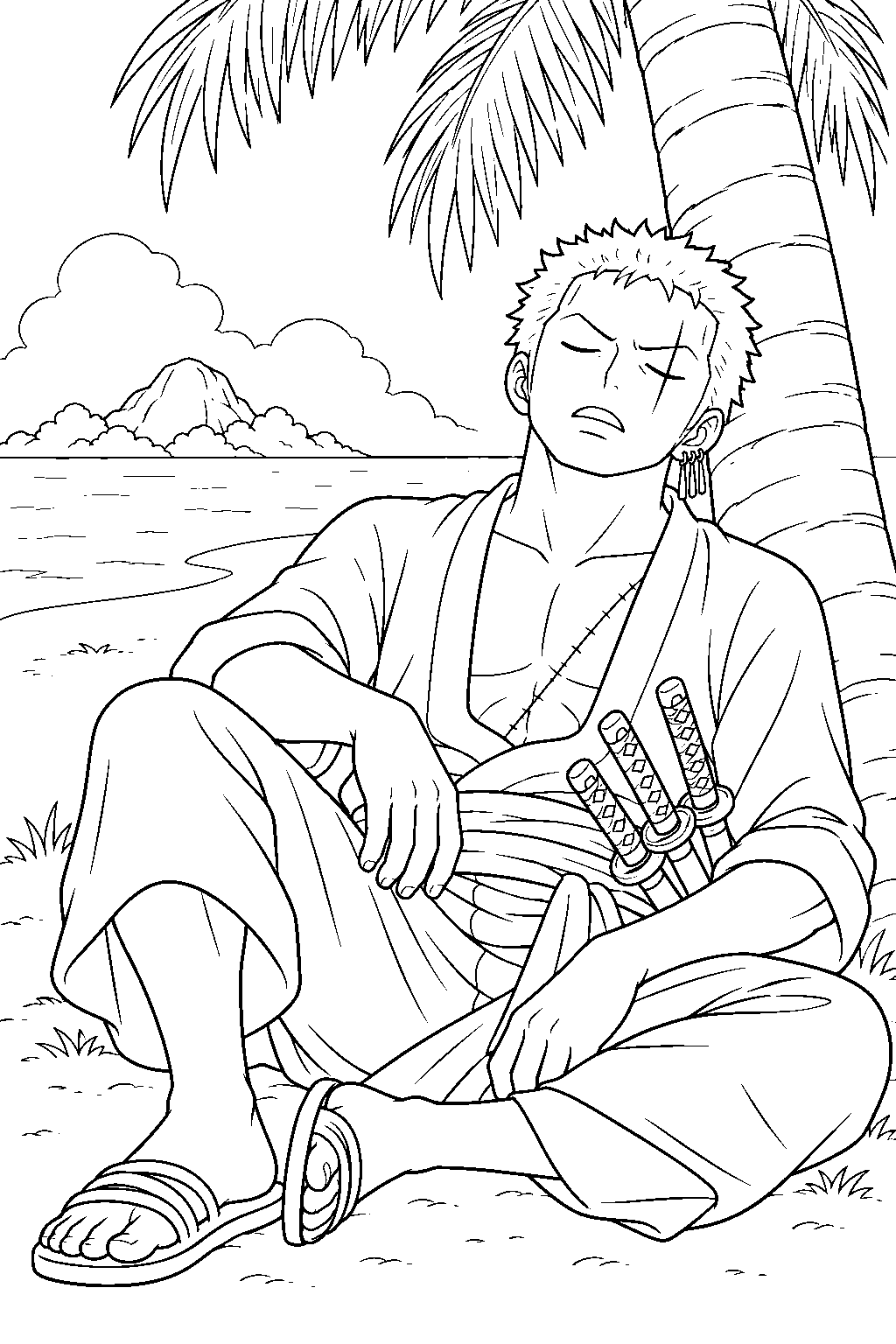 one piece roronoa zoro sleeping against a palm tree on an island line art