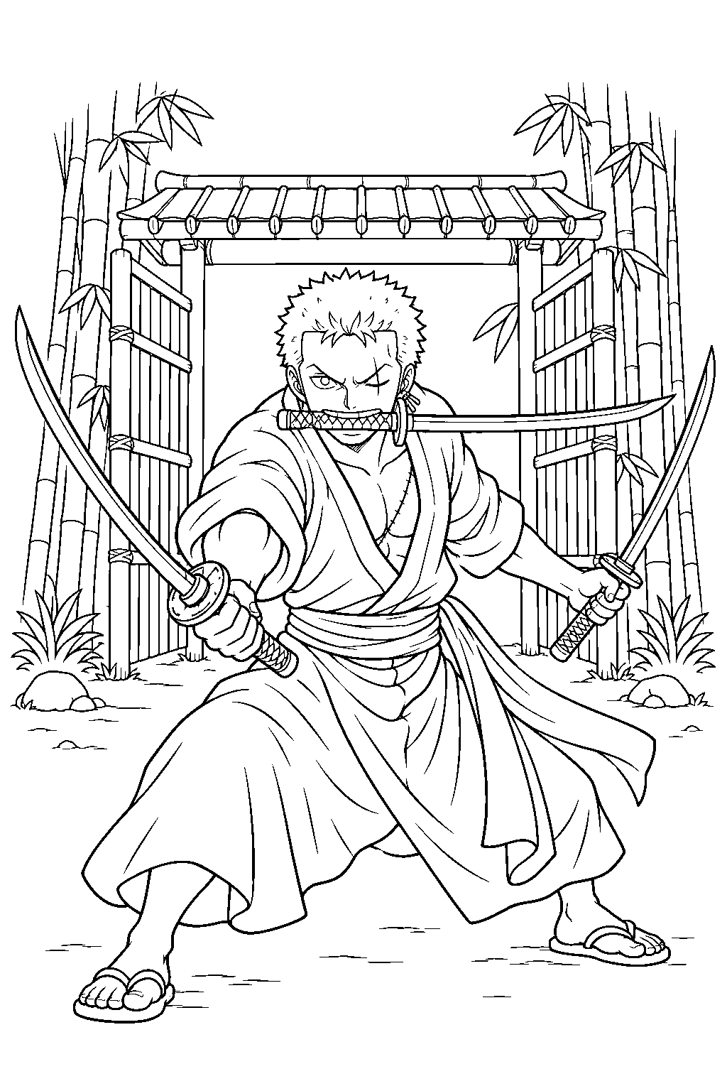 one piece roronoa zoro using three swords at a bamboo grove gate line art