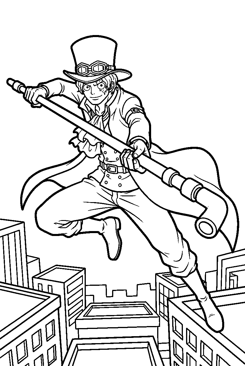 one piece sabo leaping with his pipe staff across a city rooftop line art