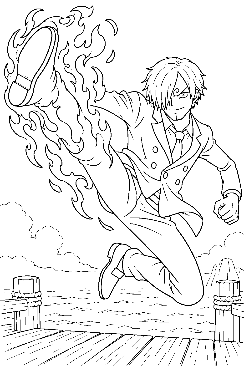 one piece sanji performing a flaming kick above a wooden dock line art