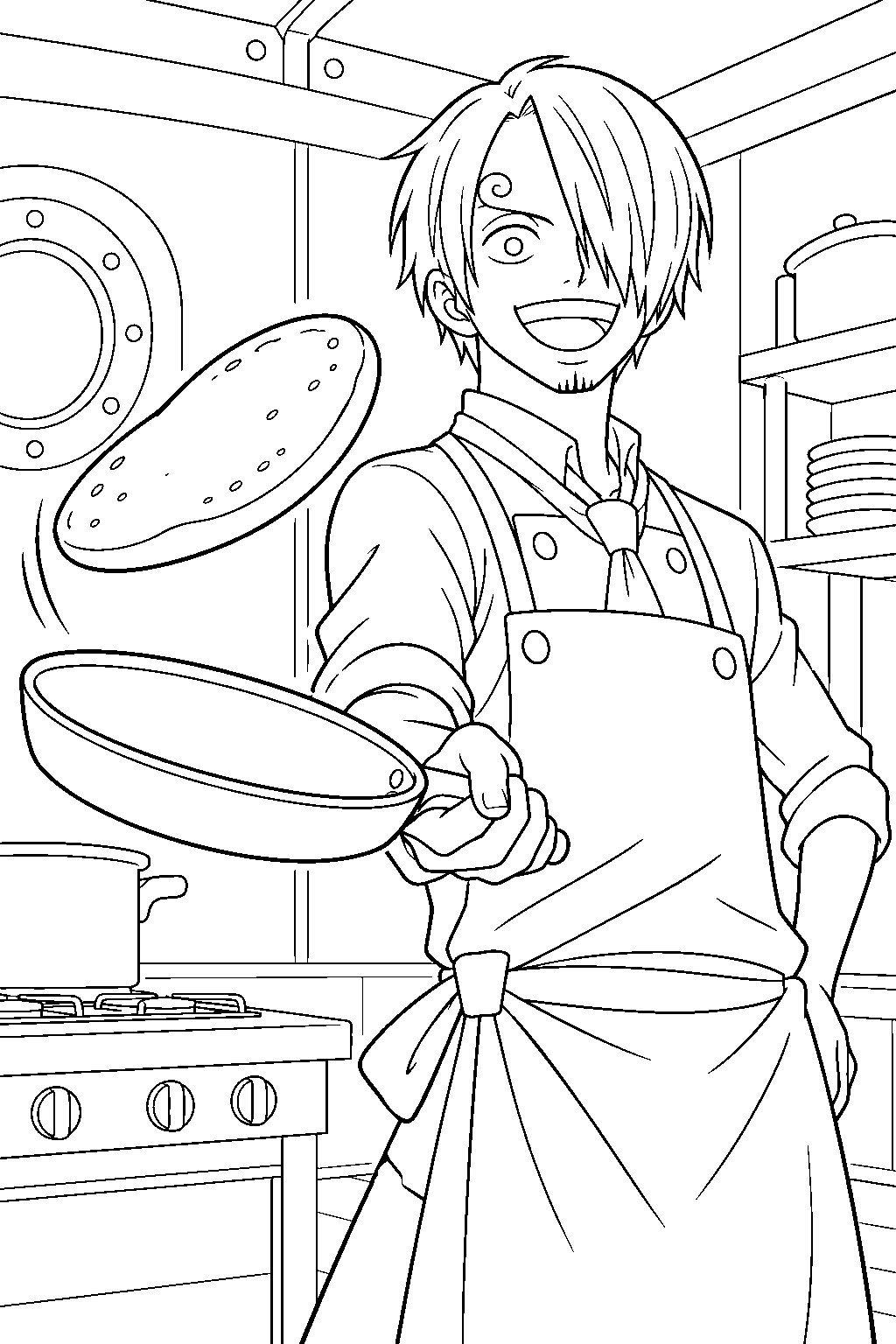 one piece sanji tossing pancakes in the baratie restaurant kitchen line art