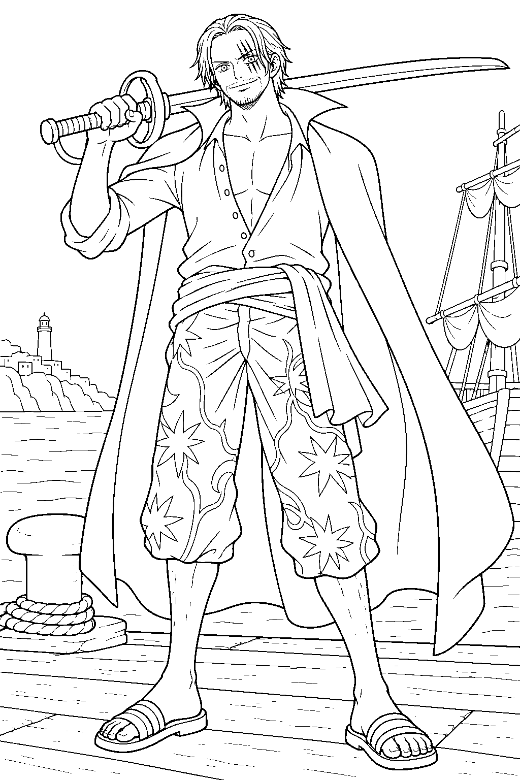 one piece shanks resting his sword on his shoulder at a quiet harbor line art