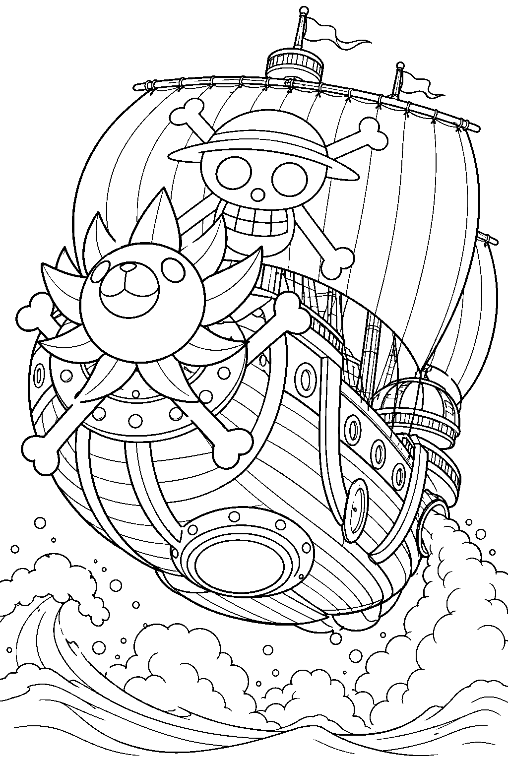 one piece thousand sunny launching a coup de burst above ocean waves line art