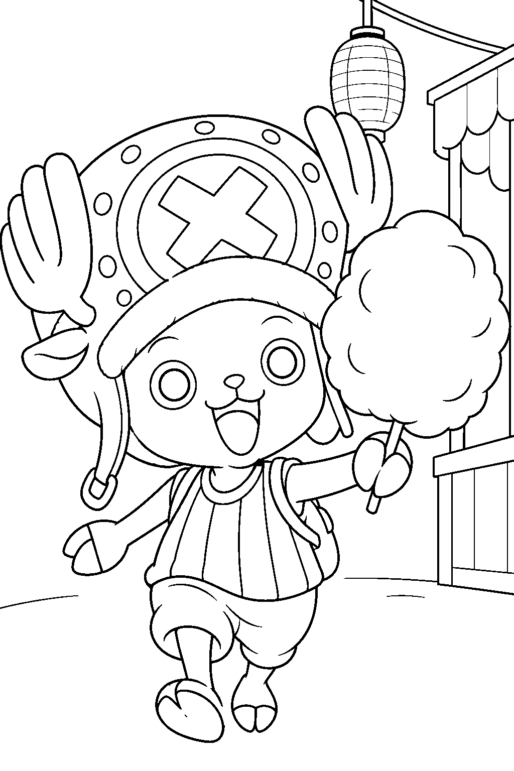 one piece tony tony chopper carrying cotton candy through a festival line art