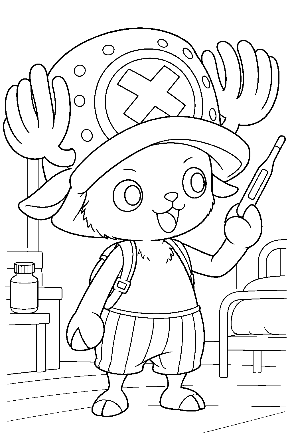 one piece tony tony chopper checking a thermometer in the infirmary line art