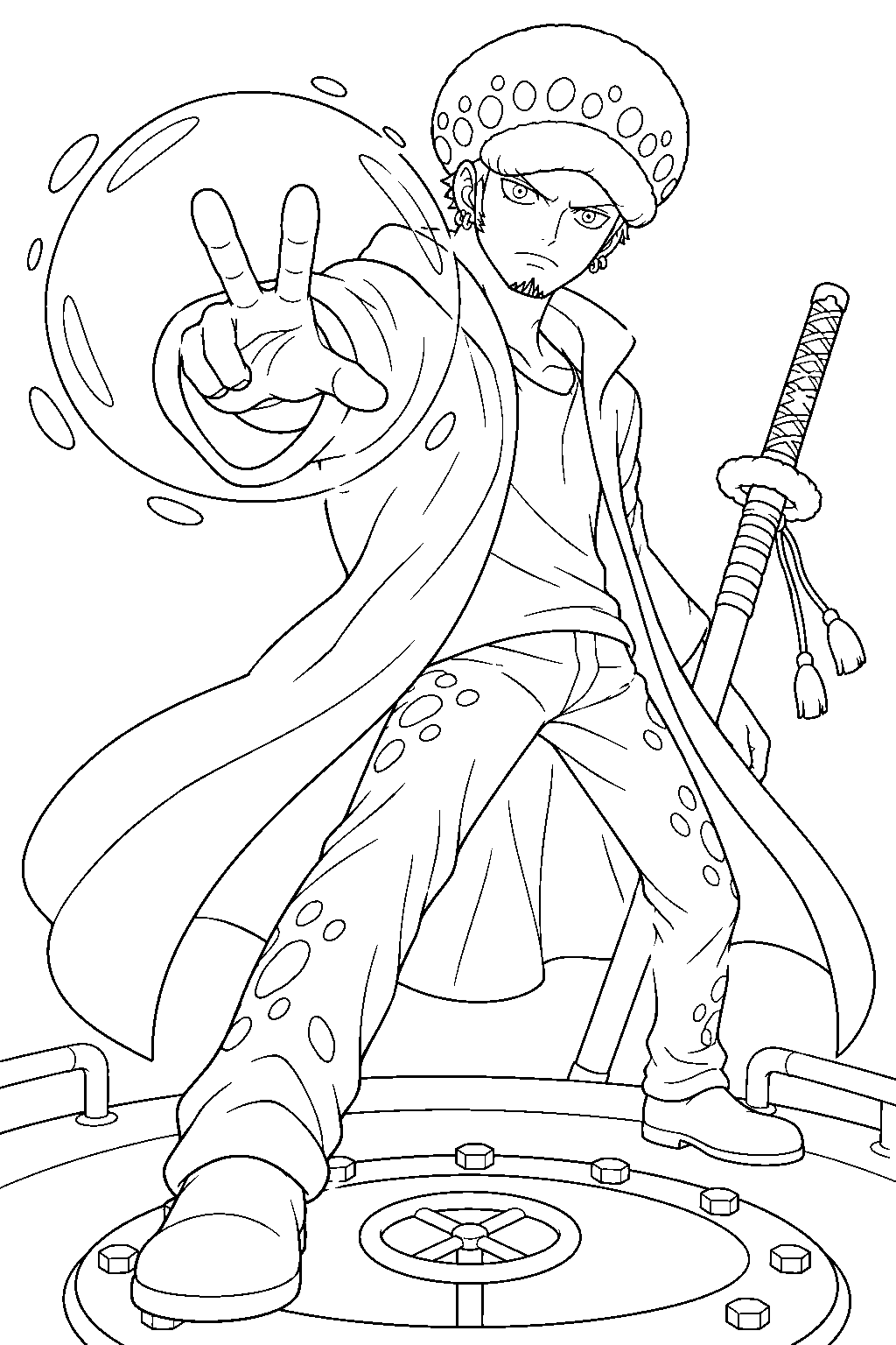 one piece trafalgar law creating a room sphere above a submarine hatch line art