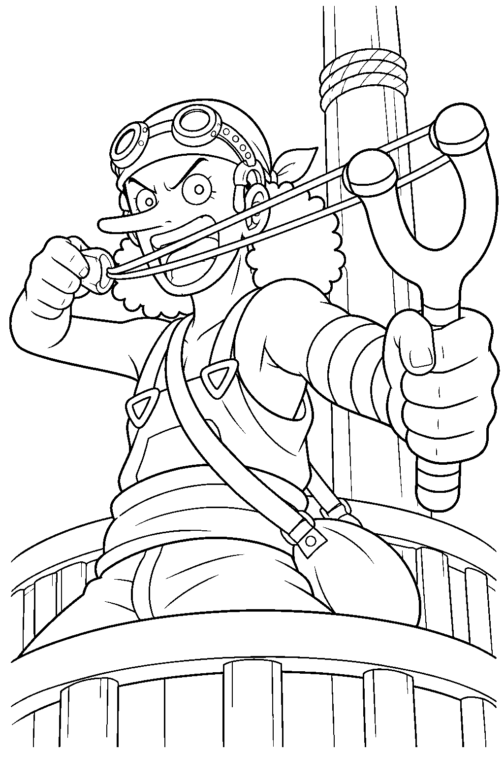 one piece usopp aiming his slingshot from the ship s crow s nest line art