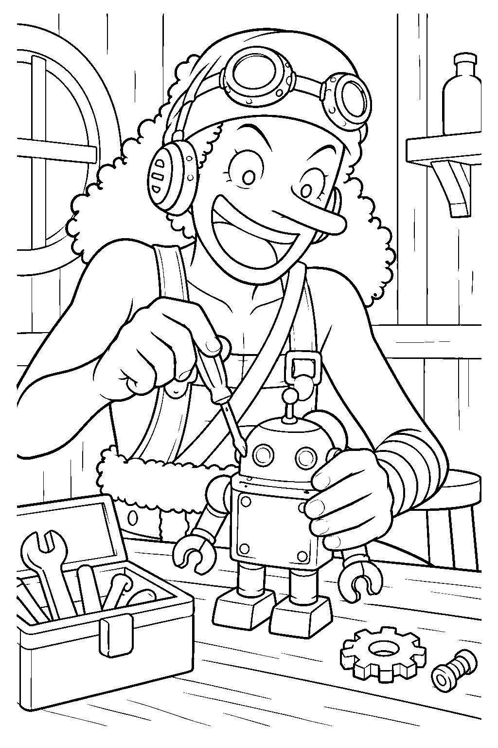 one piece usopp building a mechanical toy at a workshop bench line art