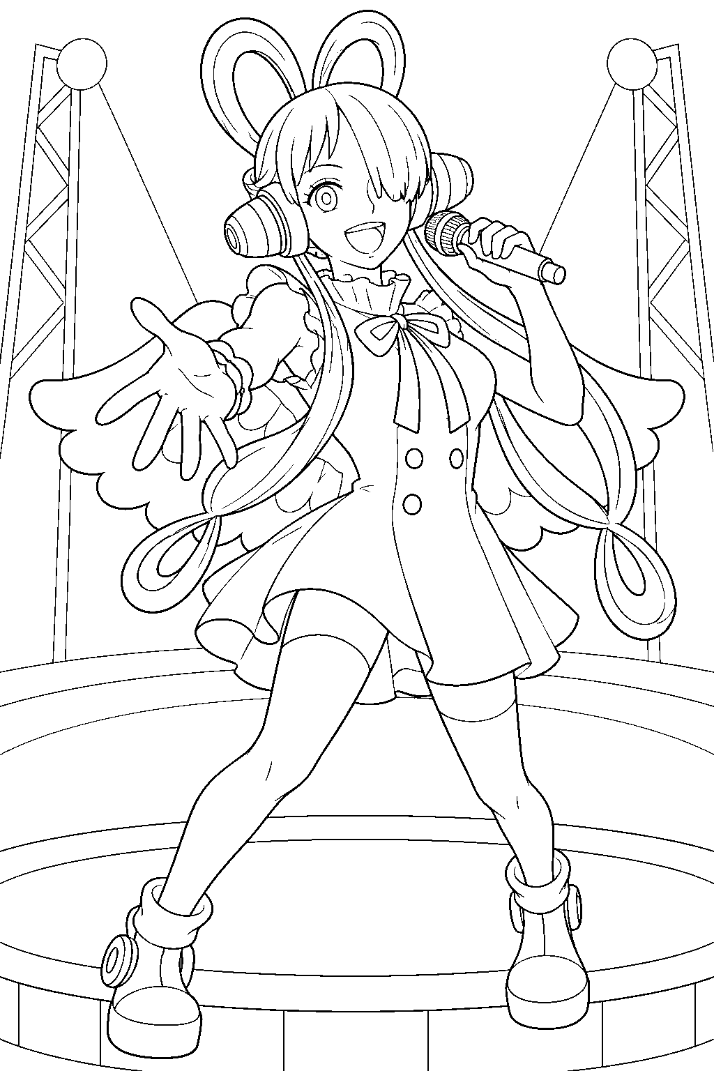 one piece uta singing into a microphone on a concert stage line art