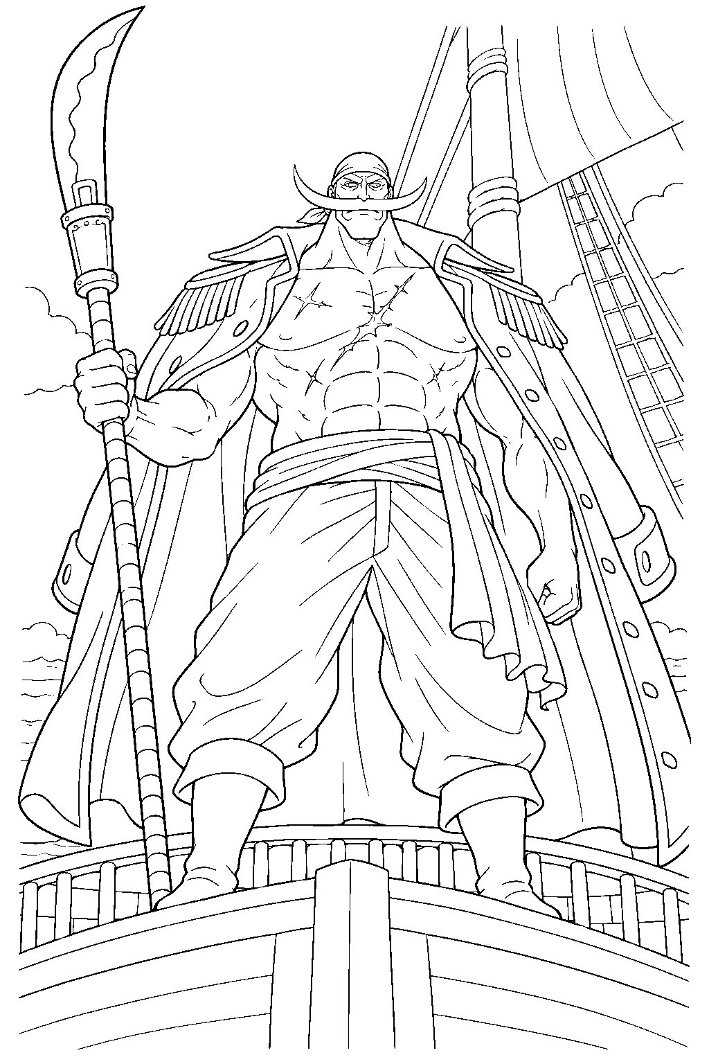 one piece whitebeard holding his bisento on the bow of the moby dick line art