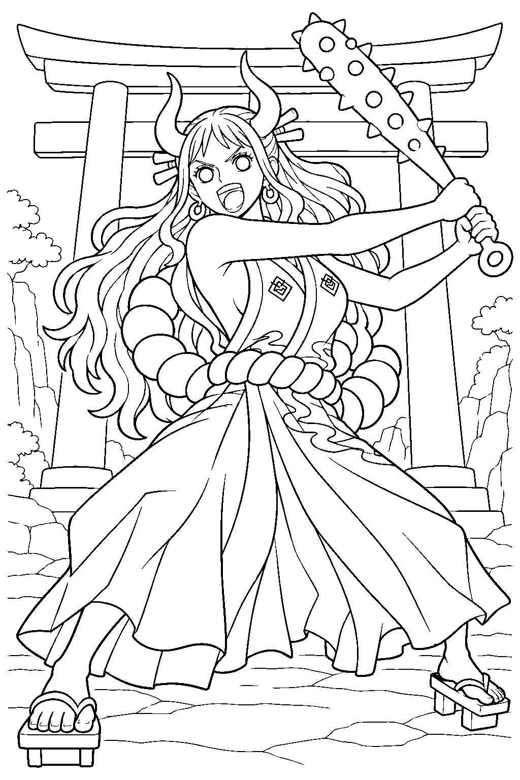 one piece yamato swinging a kanabo under a wano shrine torii line art
