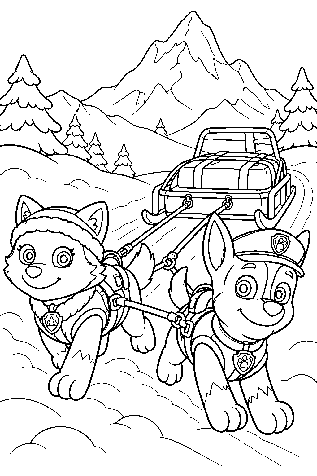 paw patrol chase and everest pulling a rescue sled through snow on jake s mountain line art