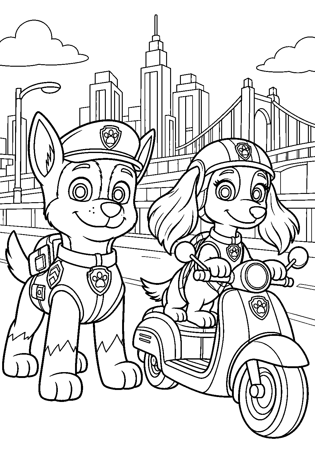 paw patrol chase and liberty patrolling adventure city beside her scooter line art