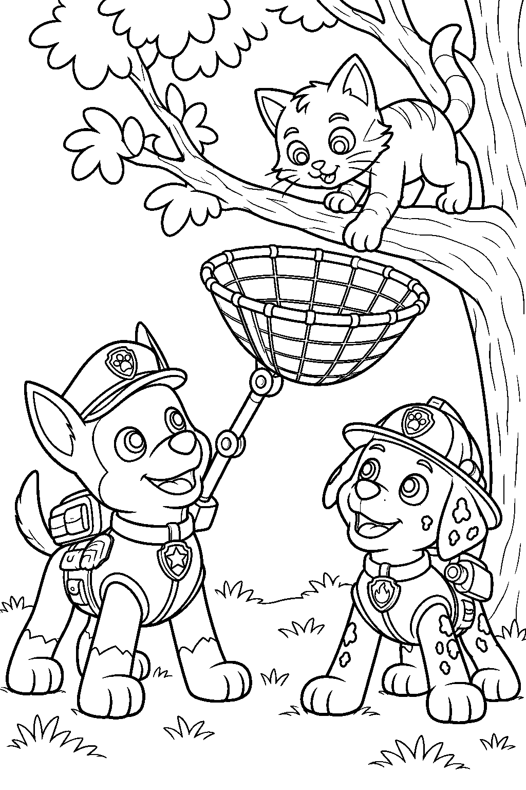 paw patrol chase and marshall helping a kitten down from a tree line art