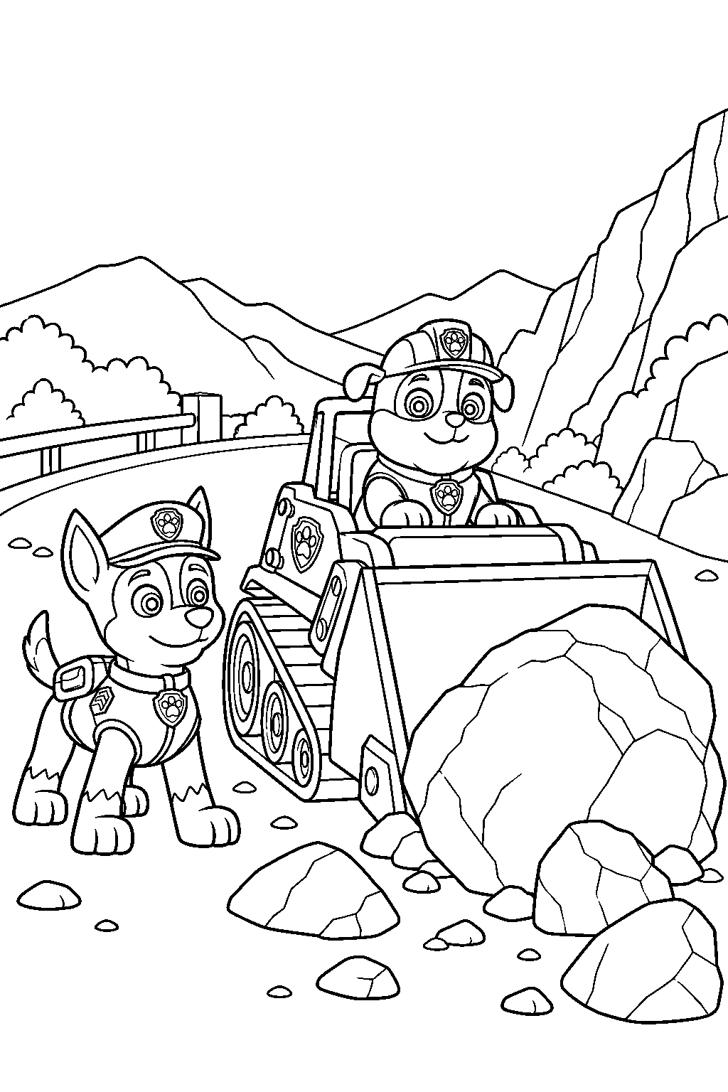 paw patrol chase and rubble clearing a boulder from the road with rubble s bulldozer line art