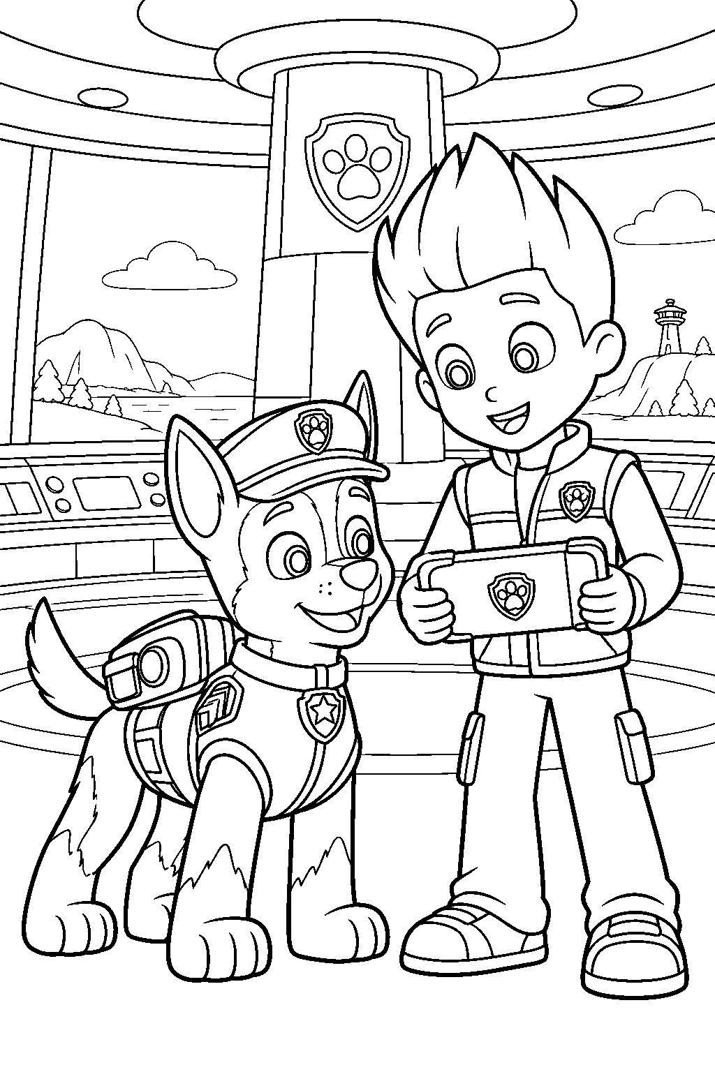paw patrol chase and ryder planning a rescue with the pup pad at the lookout line art