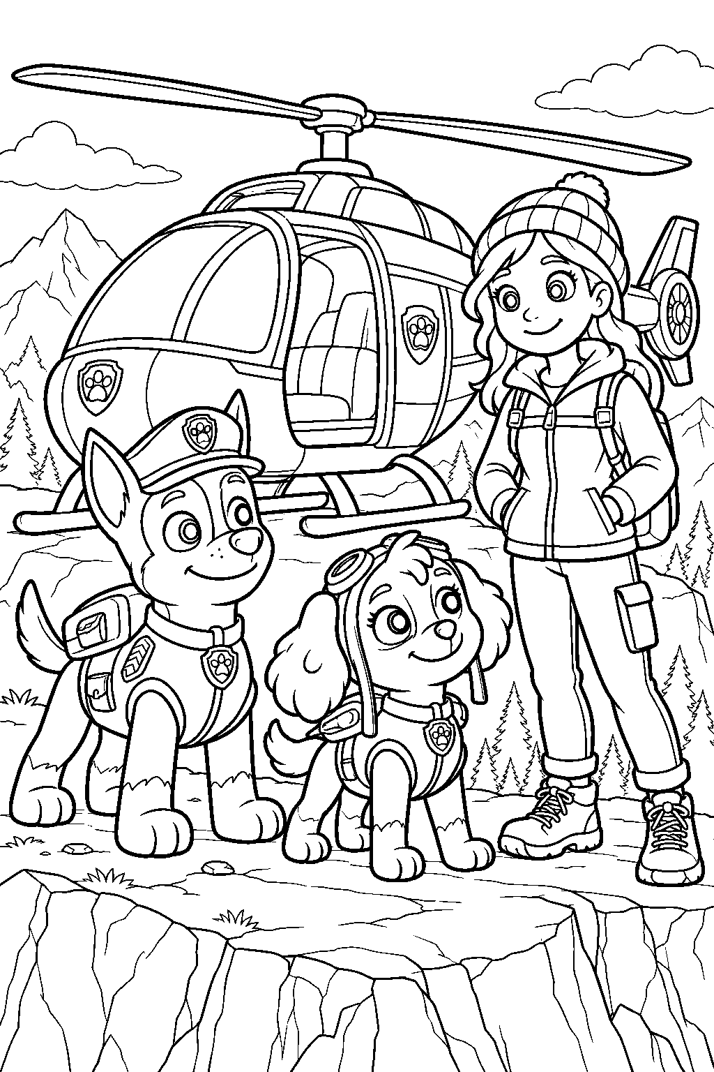 paw patrol chase and skye rescuing a hiker beside her helicopter line art
