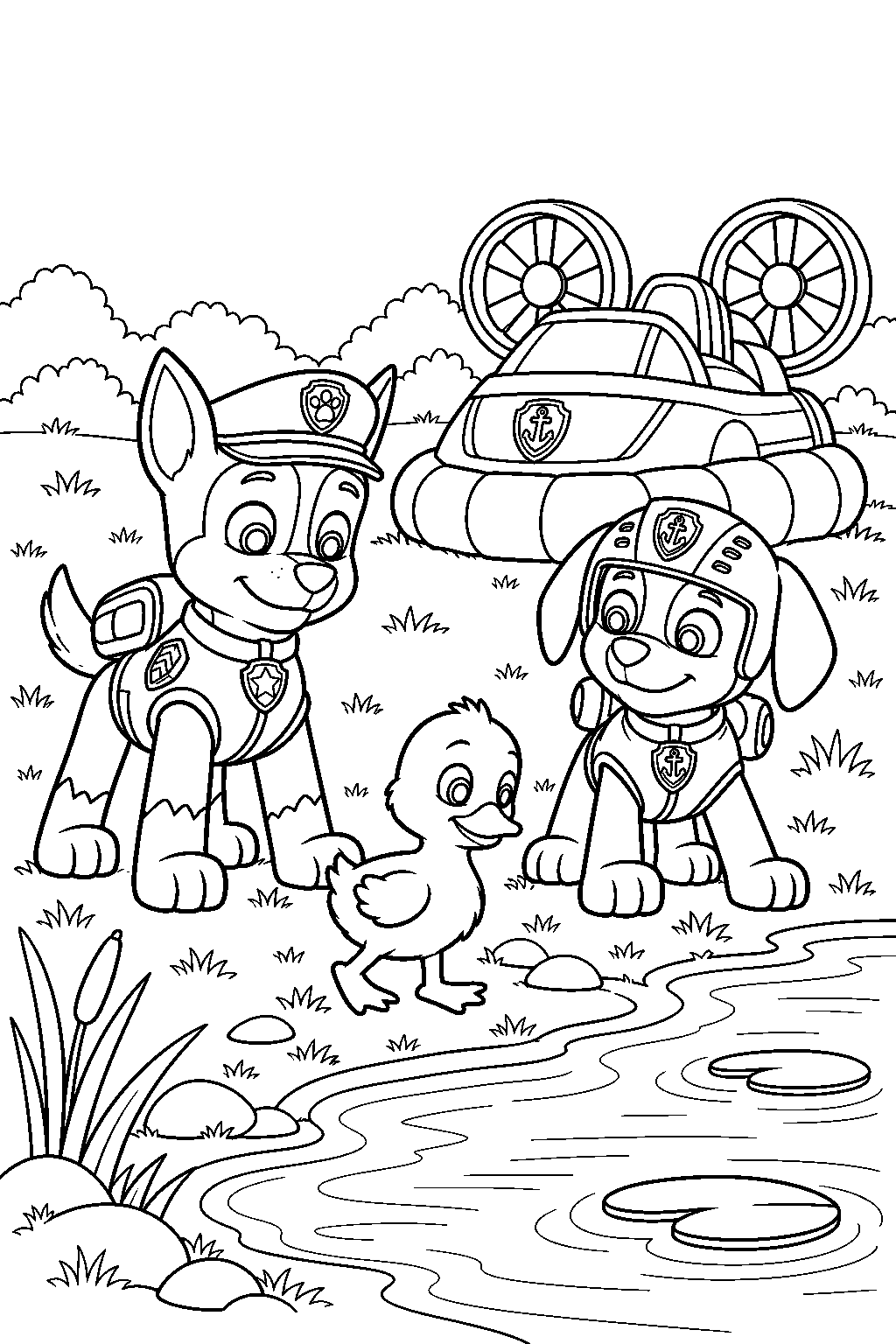 paw patrol chase and zuma guiding a duckling to the pond beside zuma s hovercraft line art