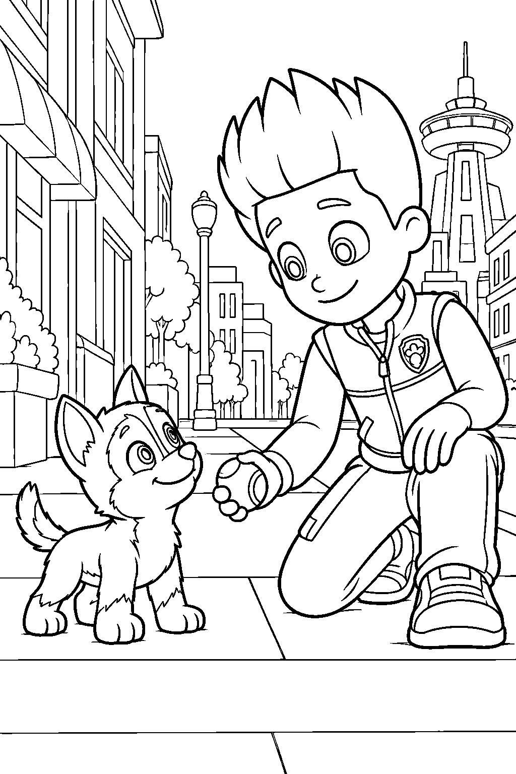 paw patrol chase as a tiny puppy meeting ryder on an adventure city sidewalk line art