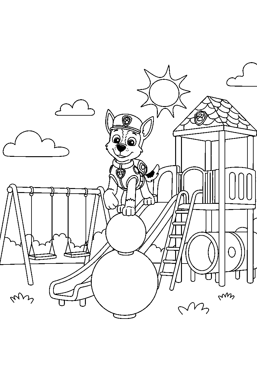paw patrol chase balancing in playground line art