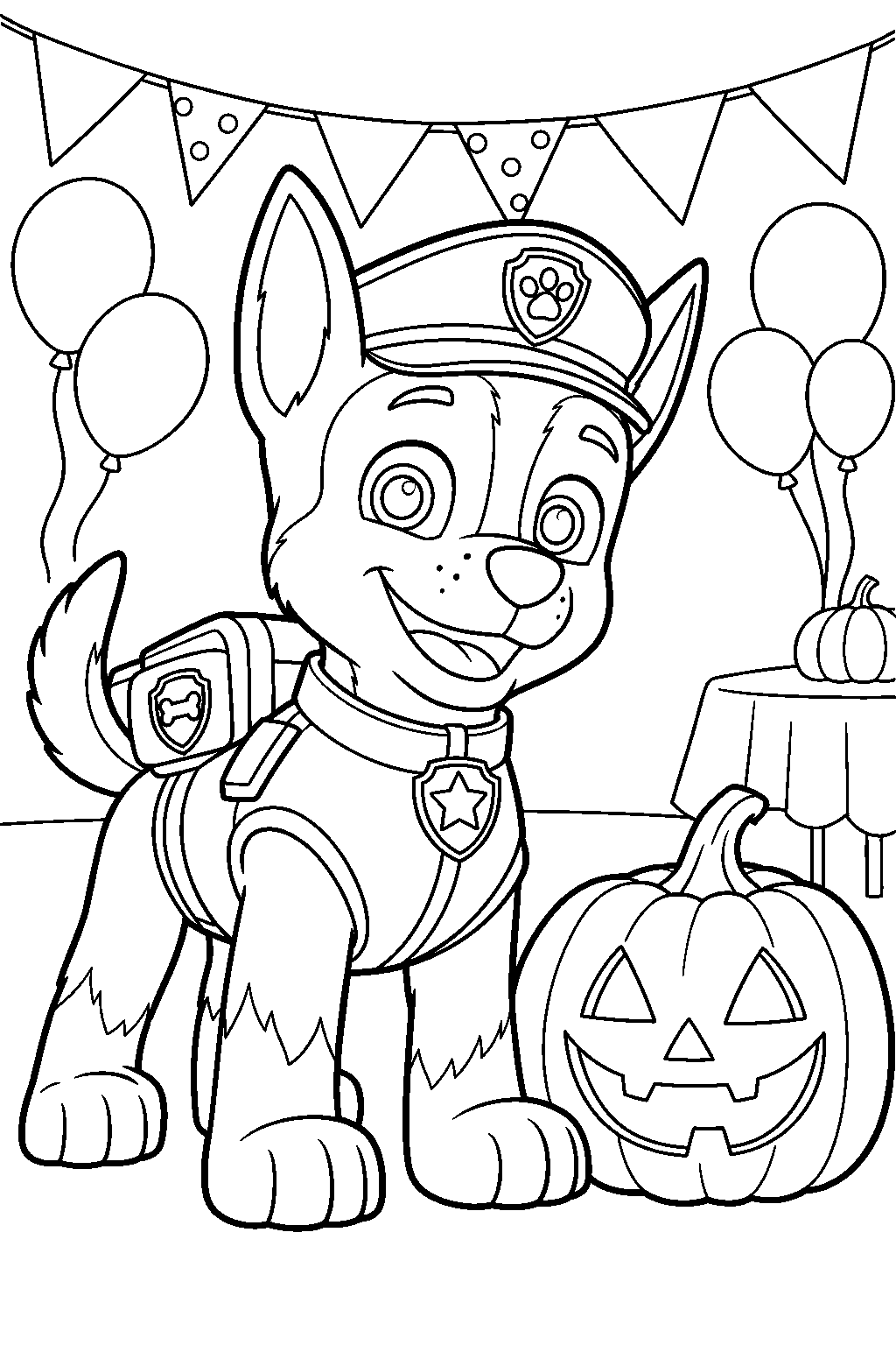 paw patrol chase beside a jack o lantern at an adventure bay halloween party line art