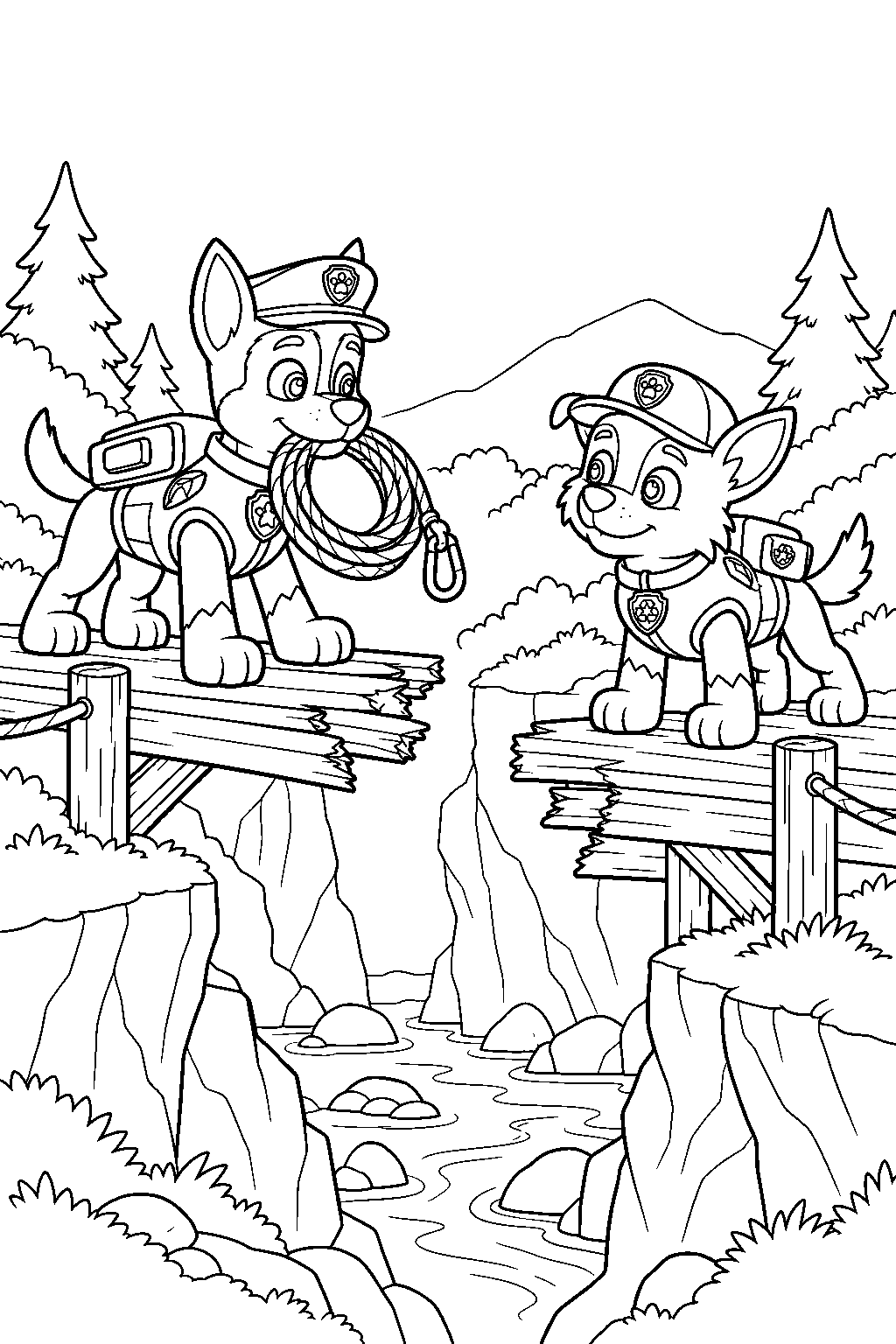 paw patrol chase bringing a rescue rope to rocky beside a broken wooden bridge line art