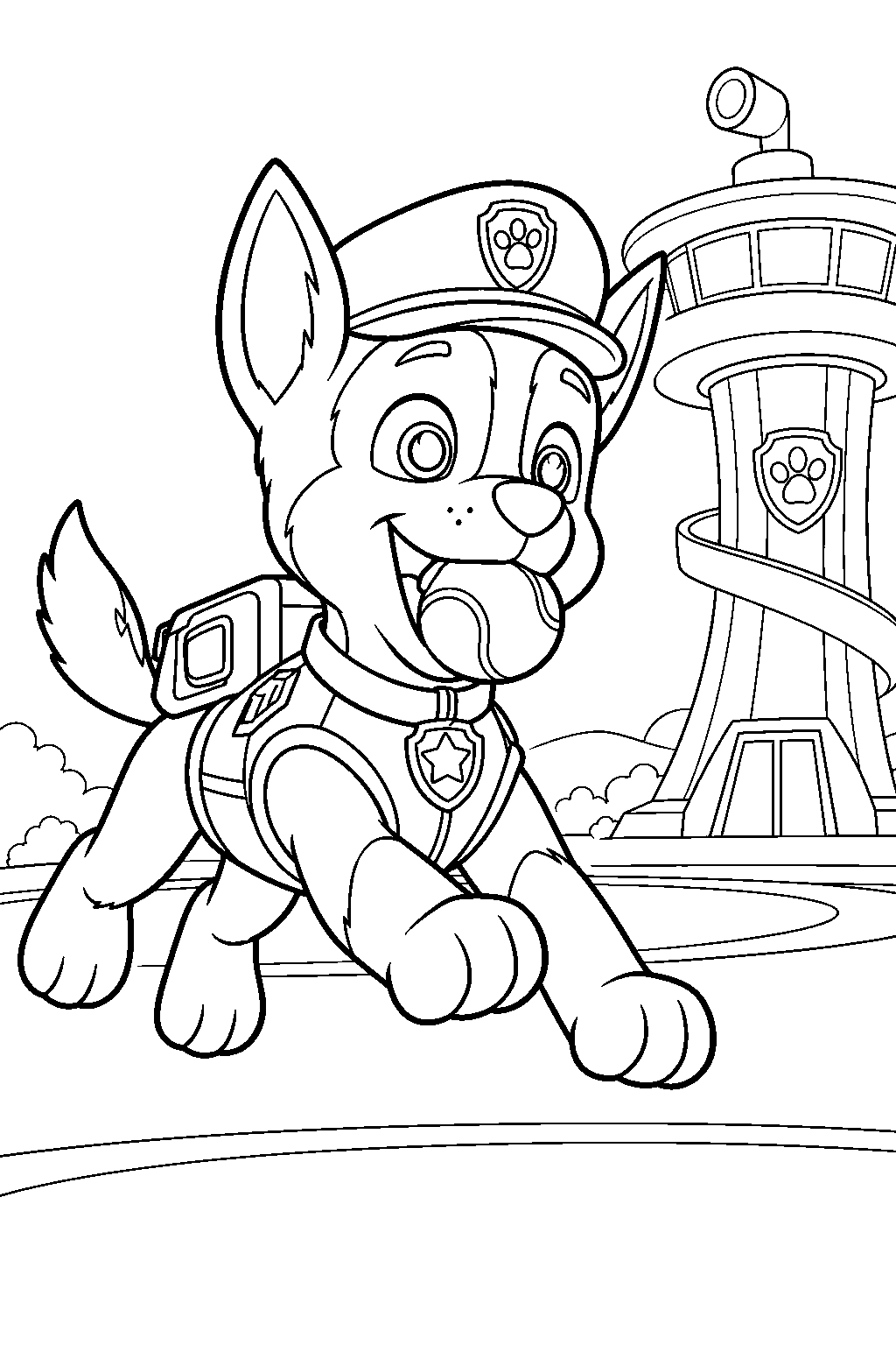 paw patrol chase catching a tennis ball at the lookout line art