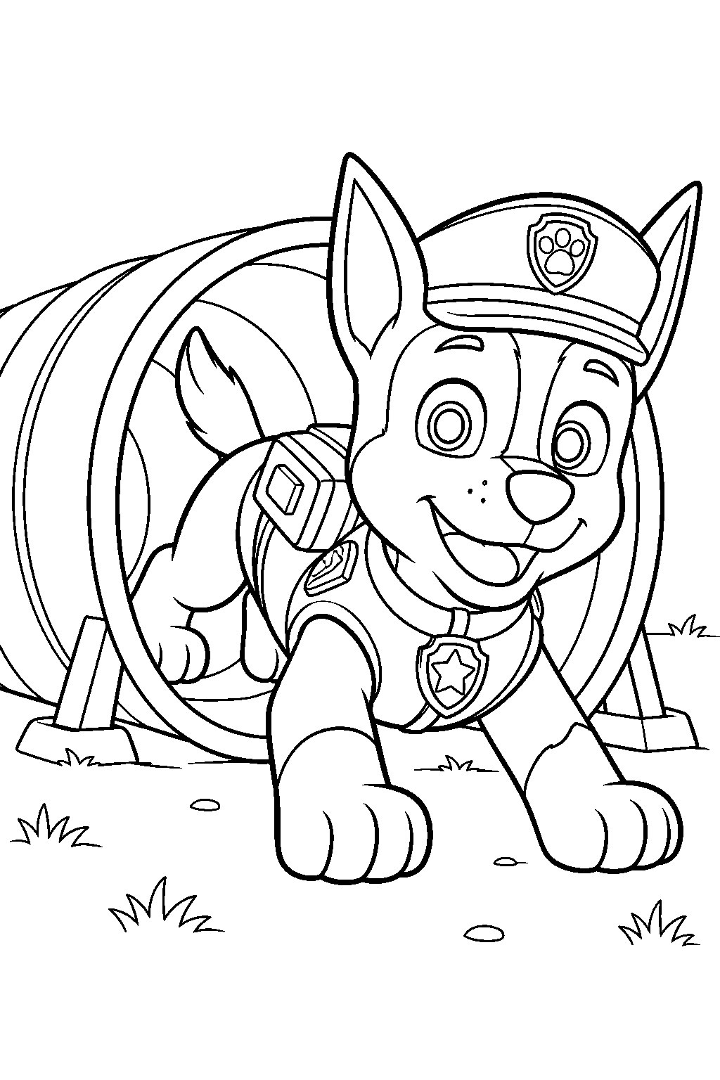 paw patrol chase crawling through a training tunnel line art