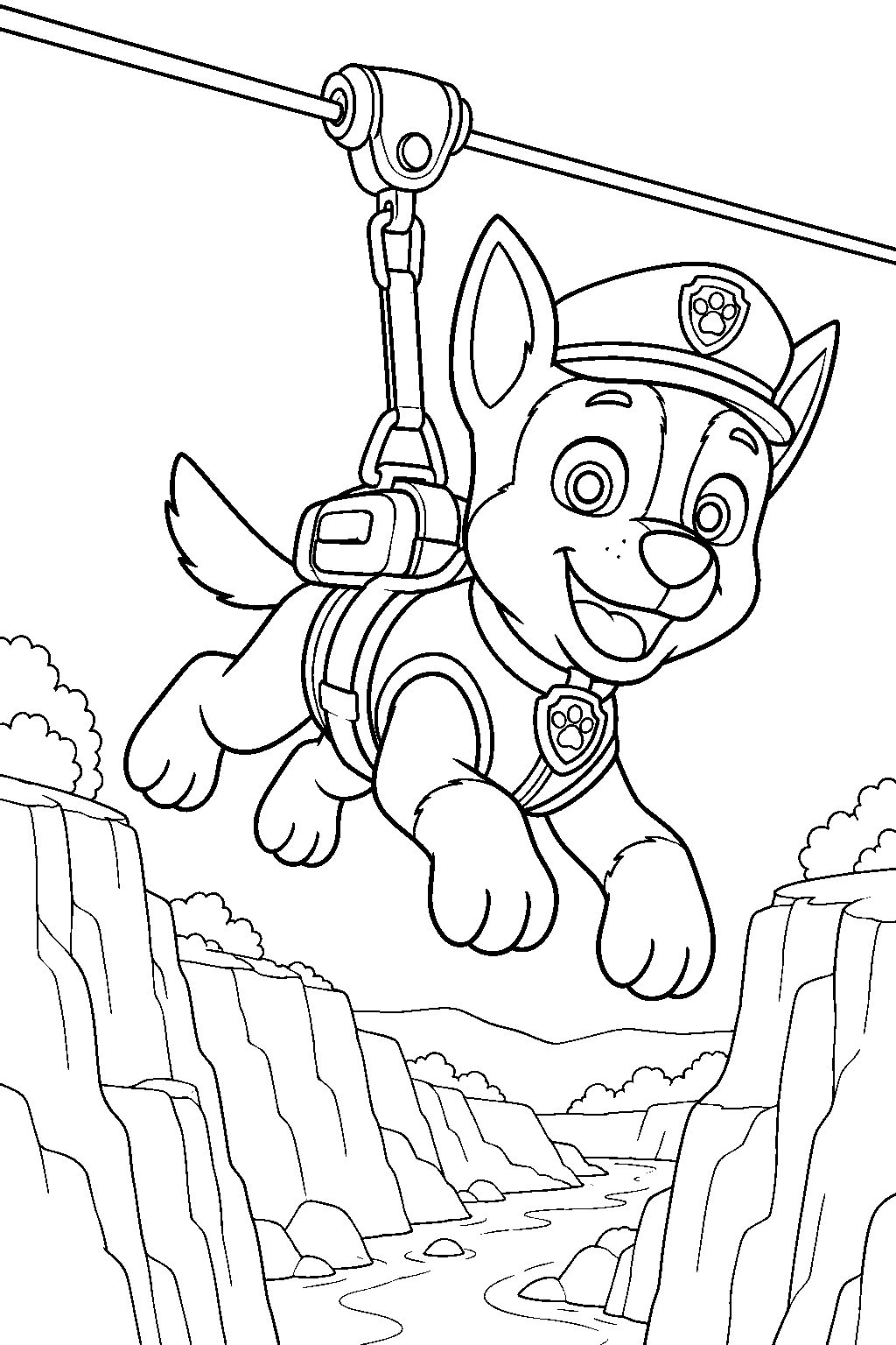 paw patrol chase crossing a ravine on his spy zip line line art